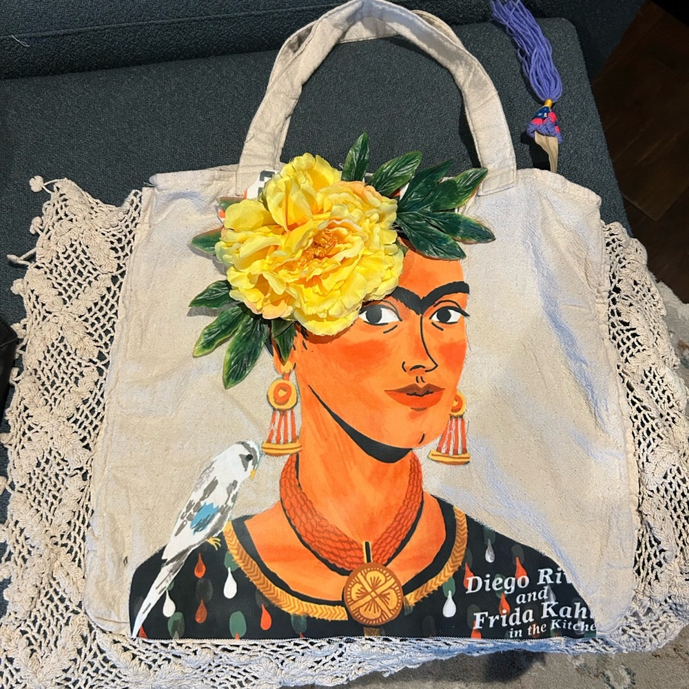Frida Kahlo Canvas Tote Bag - Beige with Yellow Flower